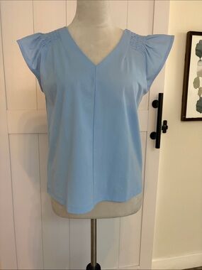 Ann Taylor Sky Blue V-Neck Flutter Sleeve Top, XS